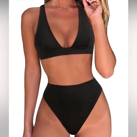 ~High Waisted Thong Bikini Set Triangle Top Deep V Neck Two Piece Swimsuit~ - Picture 3 of 10